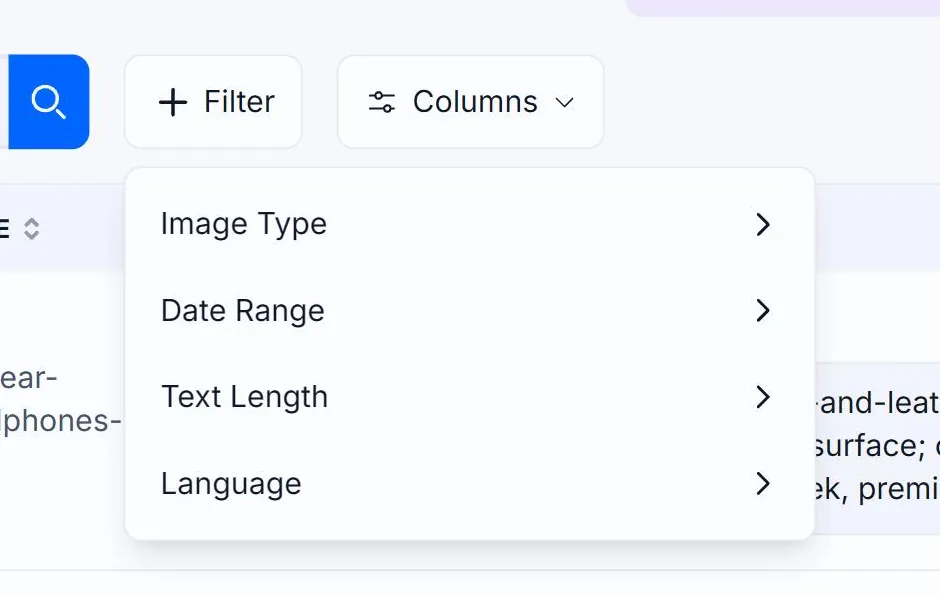 The Filter menu open in Alt Text Studio's My Library, outlined in red, listing Image Type, Date Range, Text Length and Language, each with a chevron leading to its own submenu, with a click indicator on the Filter button above