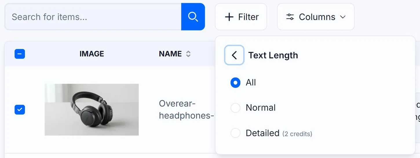 The Text Length submenu of the Filter menu in Alt Text Studio's My Library, outlined in red, offering All, Normal, and Detailed labelled 2 credits