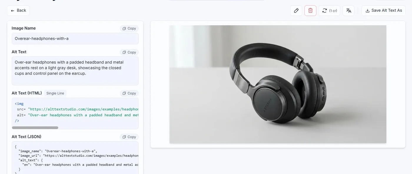 An Alt Text Studio image detail page, showing Image Name, Alt Text, Alt Text (HTML) and Alt Text (JSON) panels beside a large preview of the image