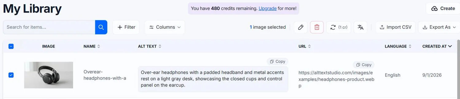 The My Library table in Alt Text Studio, with a search box, Filter and Columns controls, bulk action buttons and Export As above columns for Image, Name, Alt Text, URL, Language and Created At