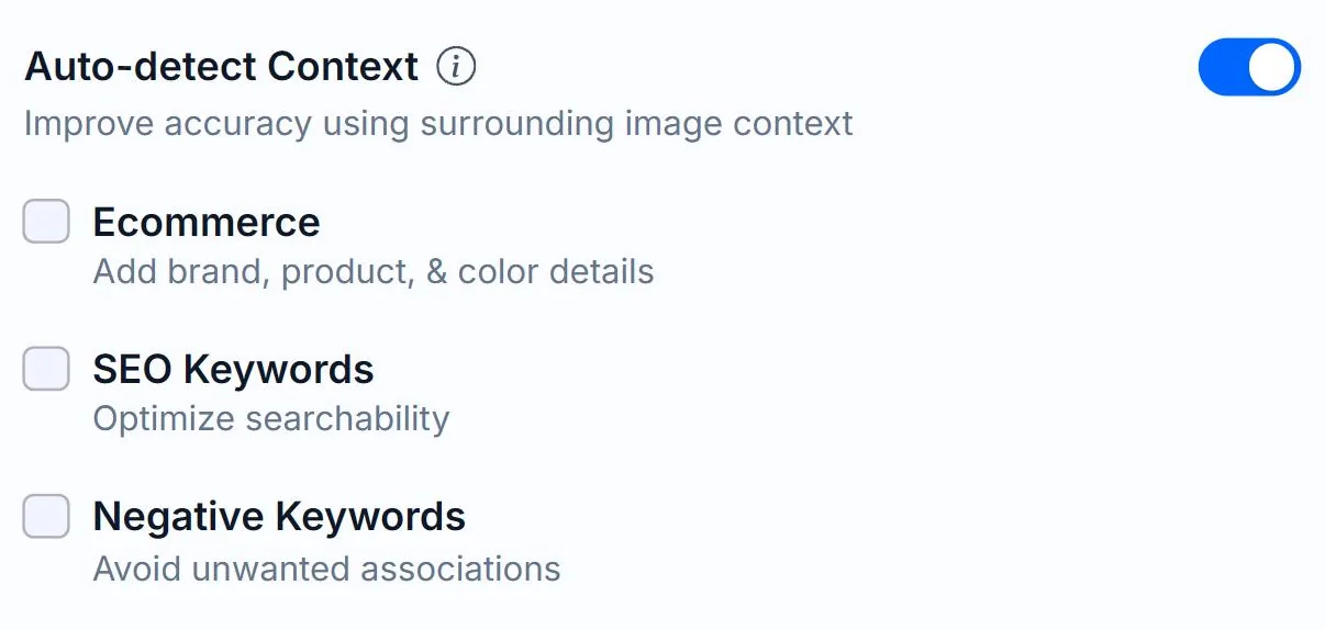 The Auto-detect Context toggle switched on at the top of the Alt Text Studio Options panel, above the Ecommerce, SEO Keywords and Negative Keywords checkboxes