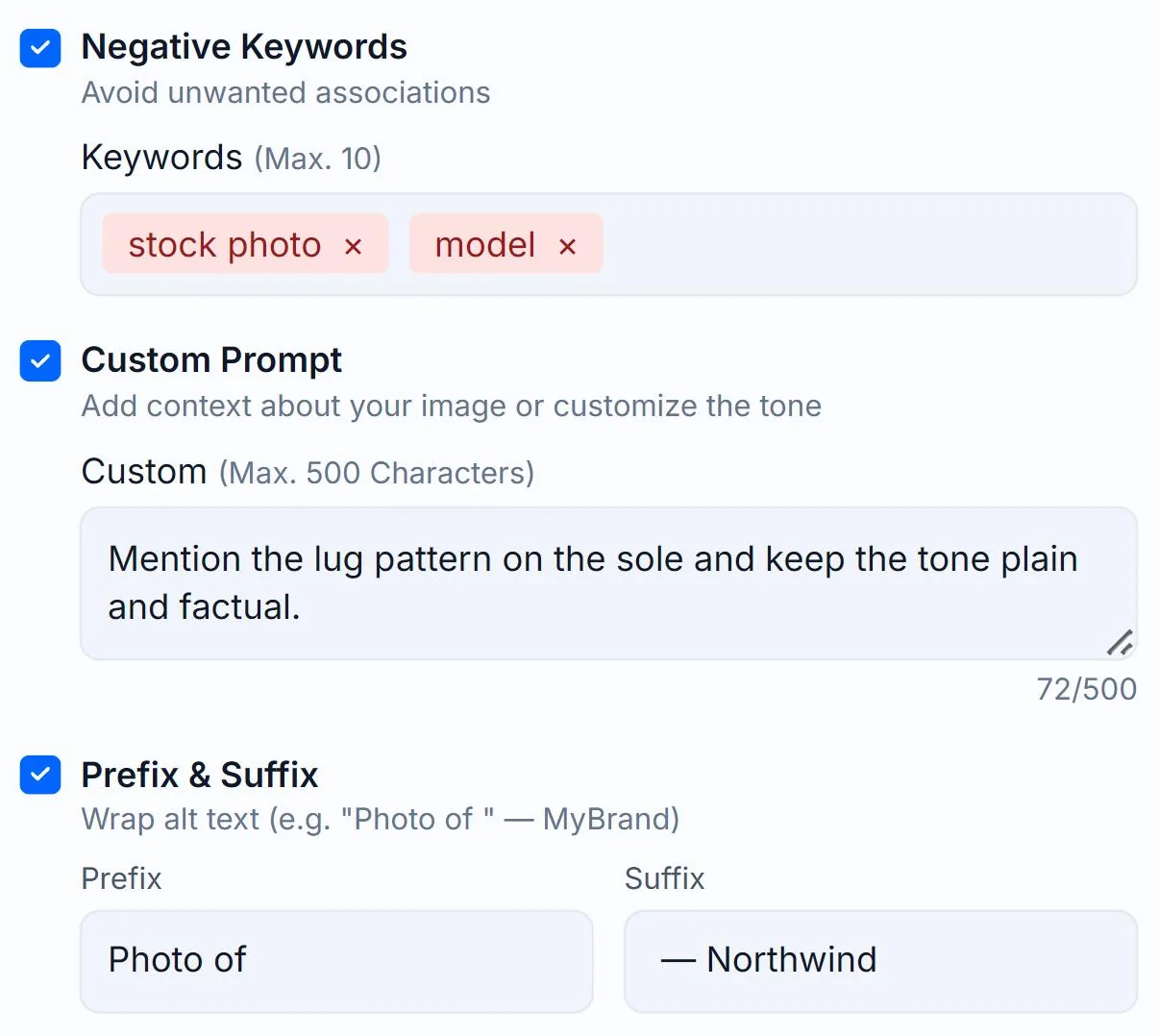 The Custom Prompt option ticked in the Alt Text Studio Options panel, with a 500-character instruction typed into the Custom textarea, outlined in red