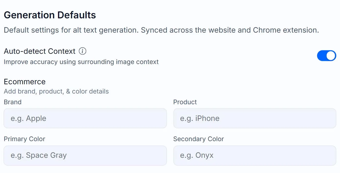 The Generation Defaults card on Alt Text Studio's My Account page, whose subtitle notes the settings are synced across the website and Chrome extension, above the Auto-detect Context toggle and the Ecommerce fields