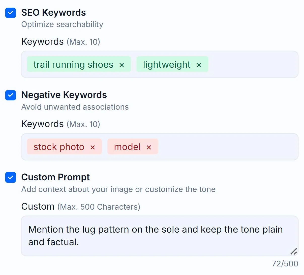 The Negative Keywords option ticked in the Alt Text Studio Options panel, holding the tags stock photo and model, outlined in red below the SEO Keywords field