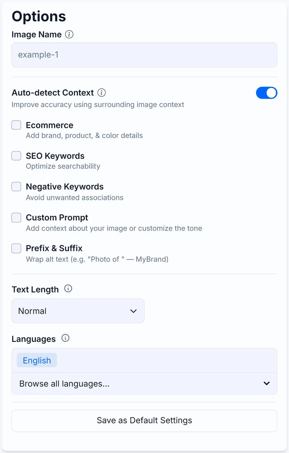 The Options panel on the Alt Text Studio Create page, listing Image Name, Auto-detect Context, Ecommerce, SEO Keywords, Negative Keywords, Custom Prompt, Prefix and Suffix, Text Length, Languages, and Save as Default Settings