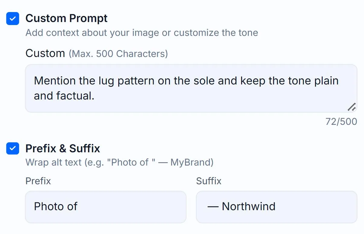 The Prefix and Suffix fields in the Alt Text Studio Options panel, filled with Photo of and an em dash followed by Northwind, each outlined in red