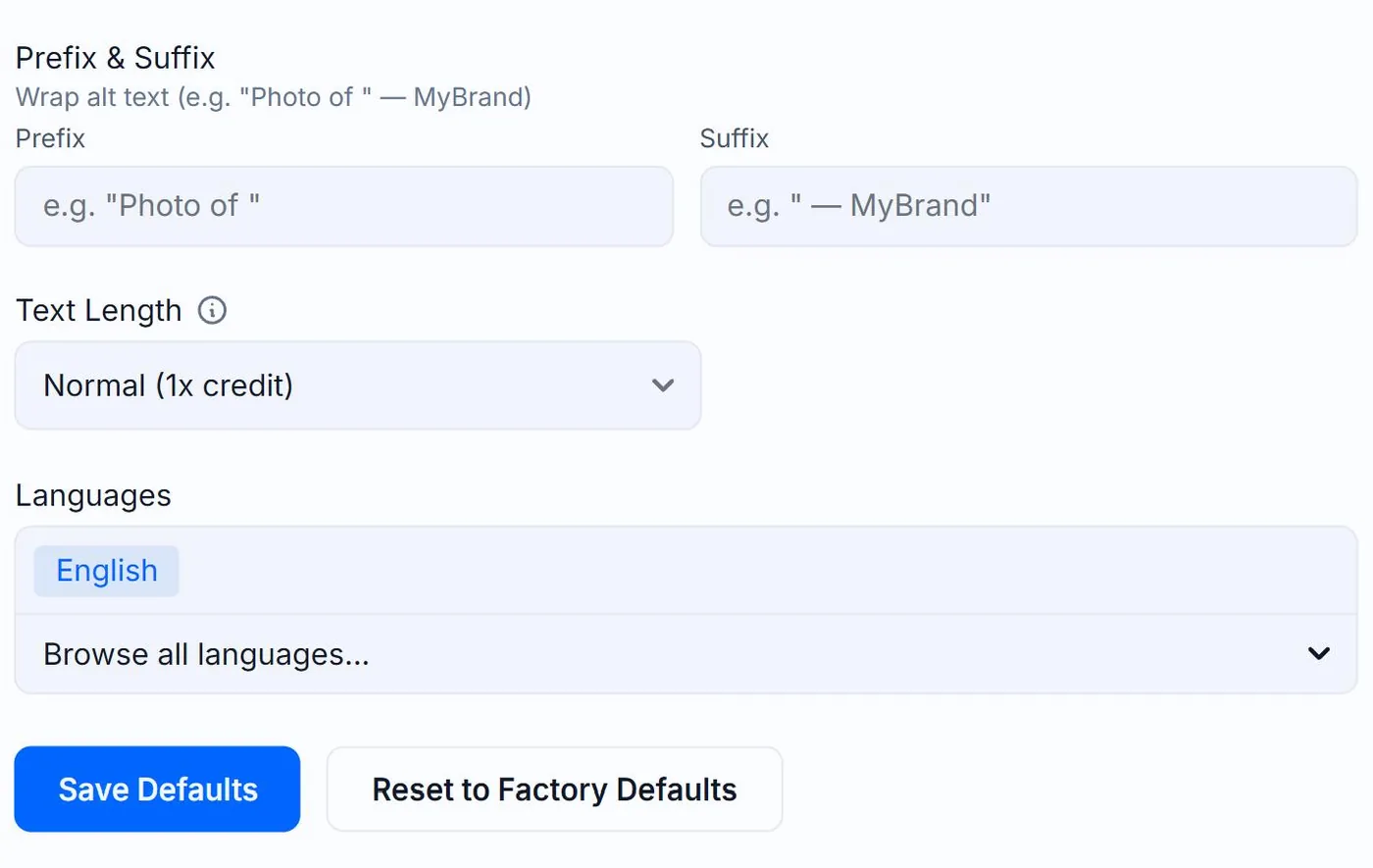 The bottom of the Generation Defaults card on Alt Text Studio's My Account page, showing the Prefix and Suffix fields, the Text Length dropdown, the Languages picker, and the Save Defaults and Reset to Factory Defaults buttons