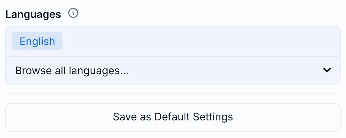 The Save as Default Settings button at the bottom of the Alt Text Studio Options panel on the Create page, outlined in red with a click indicator on it