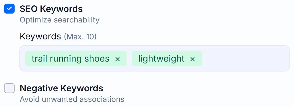 The SEO Keywords option ticked in the Alt Text Studio Options panel and outlined in red, holding the keyword tags trail running shoes and lightweight