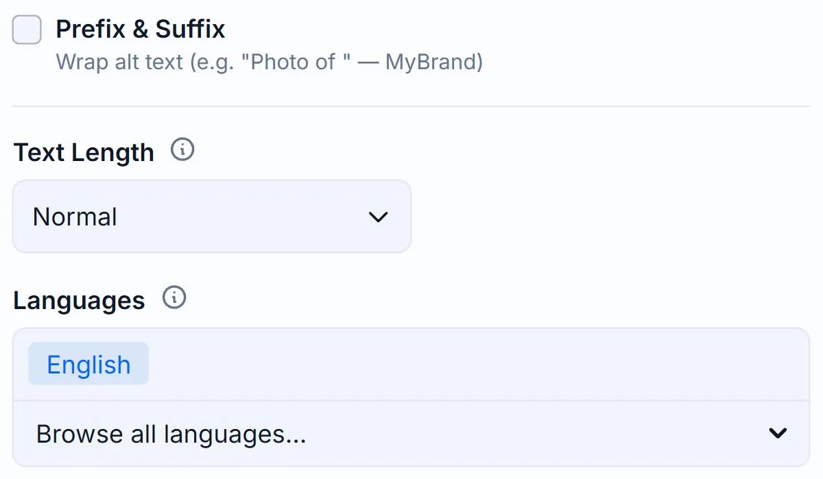 The Text Length dropdown in the Alt Text Studio Options panel, set to Normal and outlined in red, with the Languages field below it