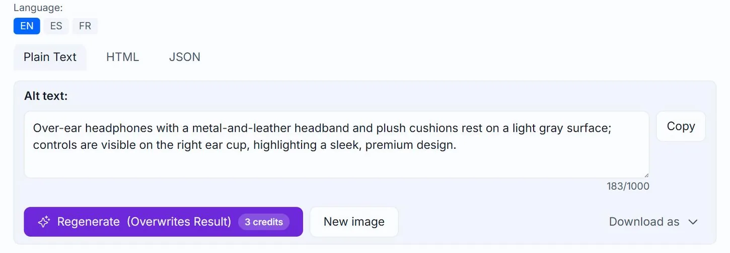 The result card on the Alt Text Studio Create page with EN, ES and FR language badges above the alt text box, EN highlighted and the English alt text shown
