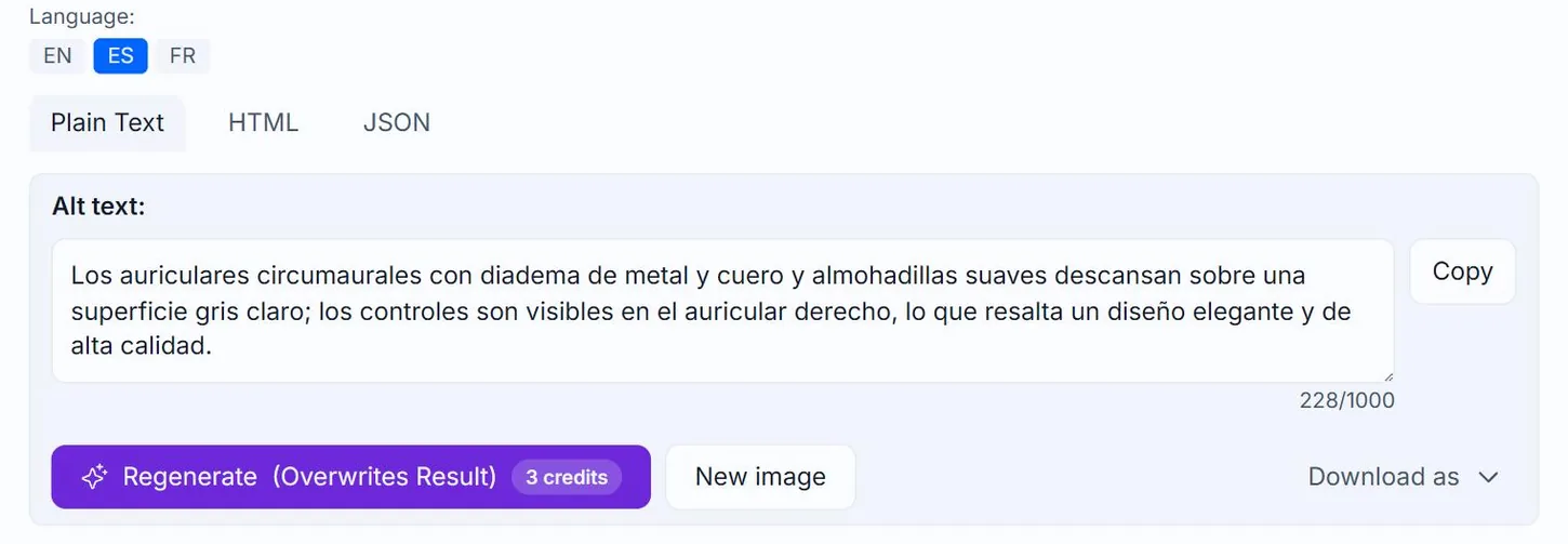 The Alt Text Studio result card after clicking the ES badge, which is outlined in red with a click indicator on it, now showing the Spanish alt text
