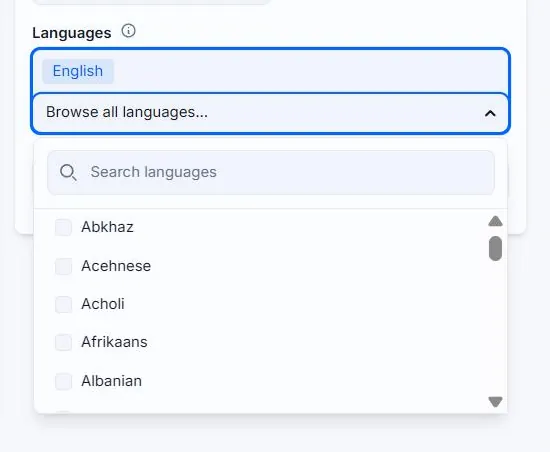 The Browse all languages dropdown open in Alt Text Studio, with a Search languages box and a checkbox list of languages