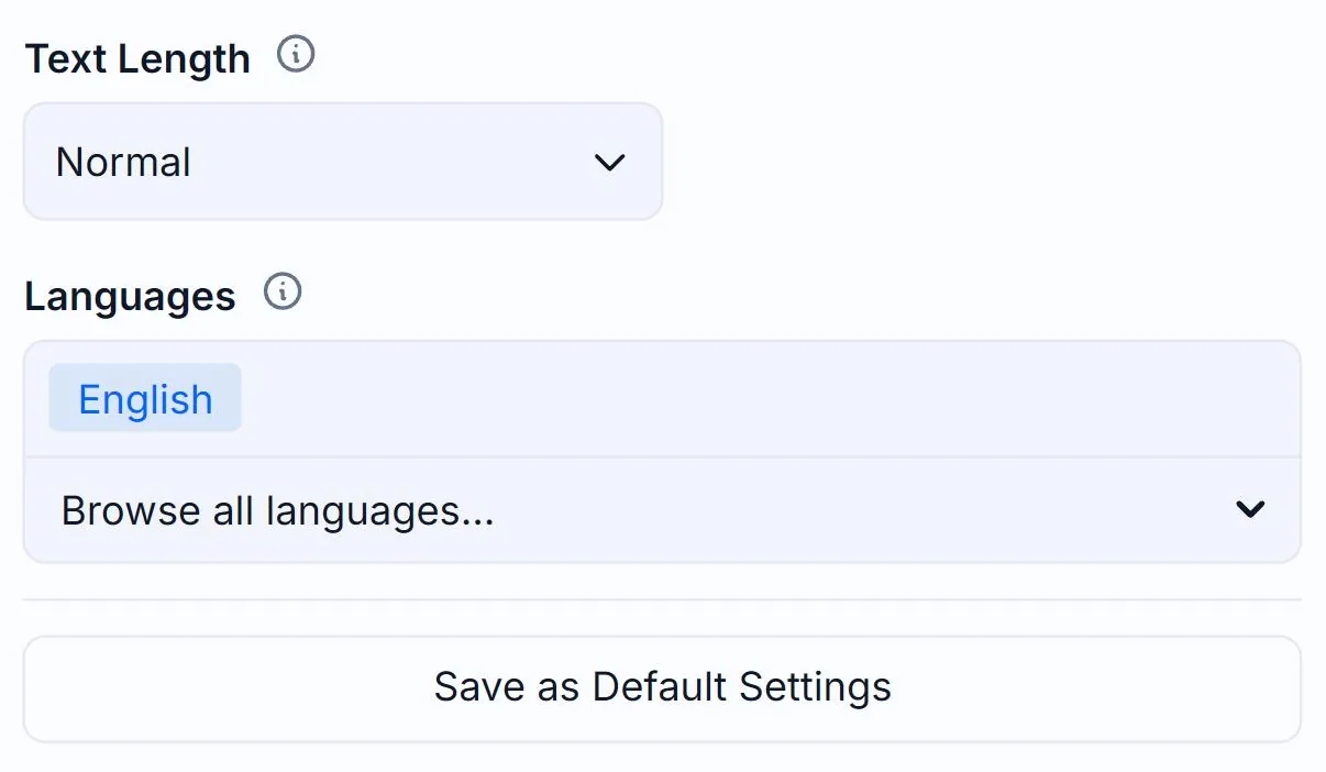 The Languages field in the Alt Text Studio Options panel, outlined in red, holding an English tag with a Browse all languages dropdown beneath it