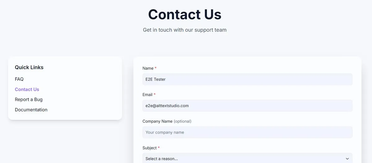 The Contact Us page on Alt Text Studio, with a Quick Links panel listing FAQ, Contact Us, Report a Bug and Documentation beside a form with Name, Email, Company Name and a Subject dropdown