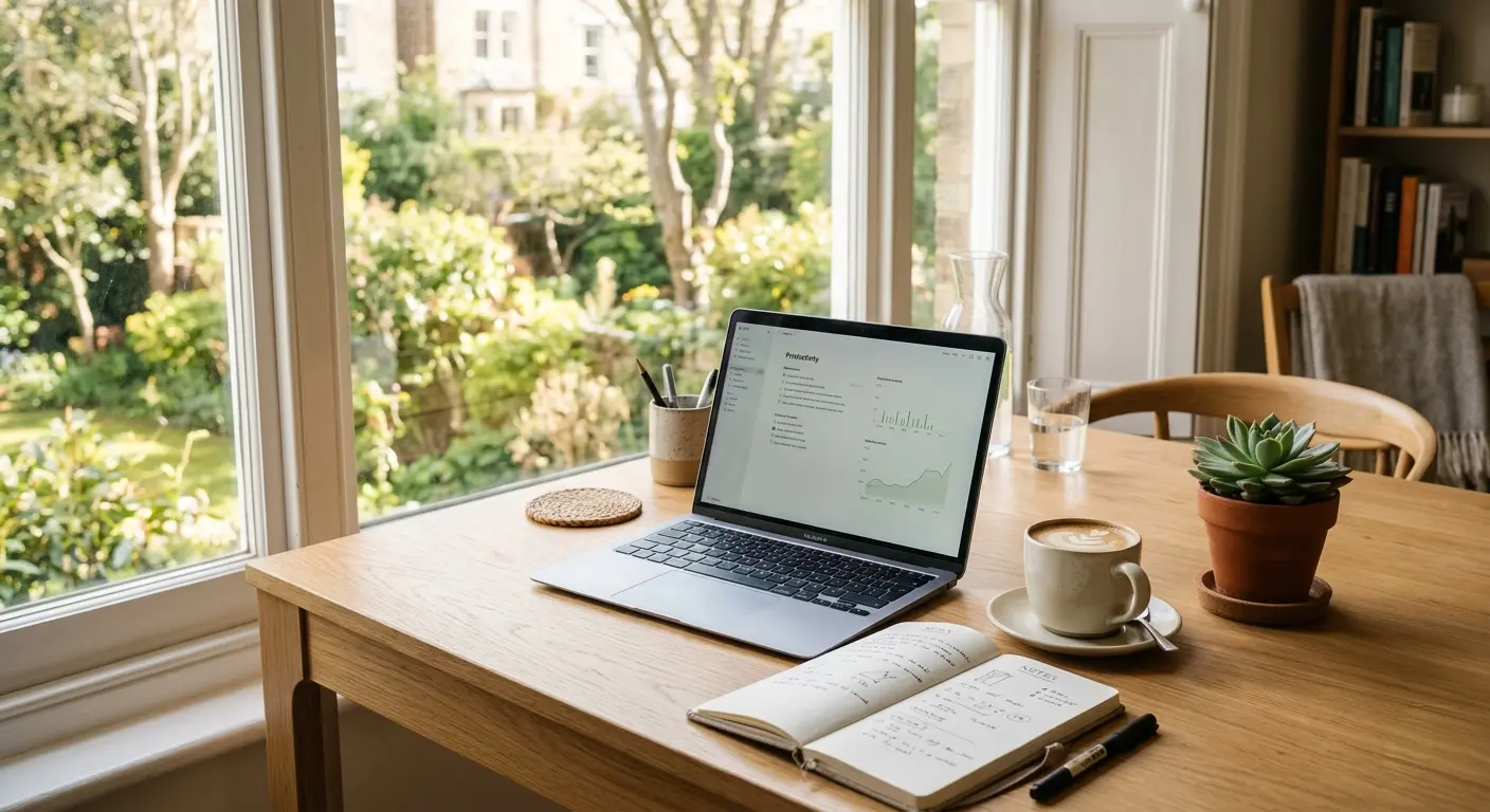 A cozy home office setup with a laptop displaying graphs, a notebook with notes, a cup of coffee, and a potted succulent on a wooden table by a large window overlooking a lush garden.