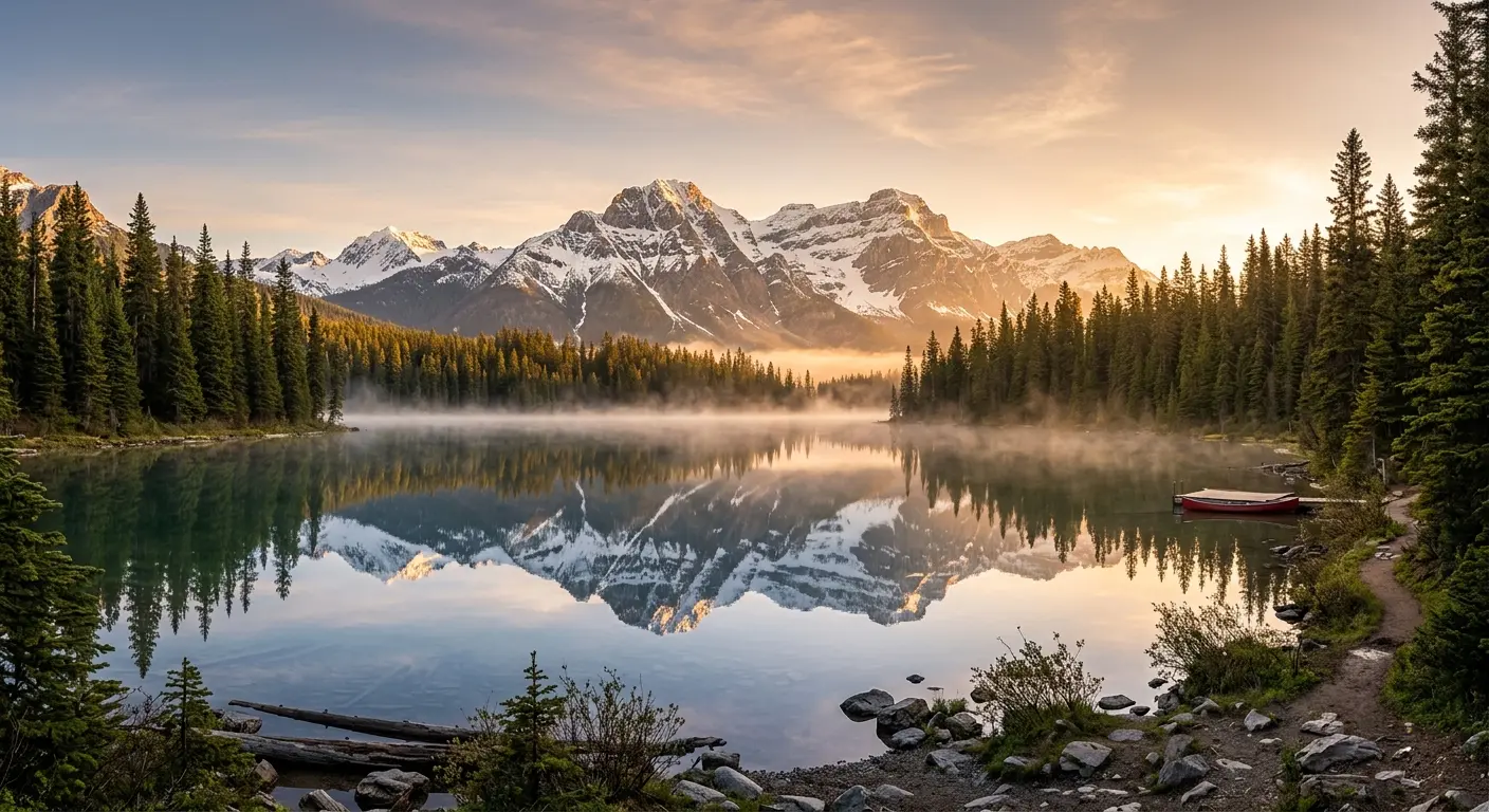 A serene mountain lake at sunrise, with mist rising from the water and snow-capped peaks reflected in the calm surface. Tall pine trees line the shore, and a small red boat is moored nearby.