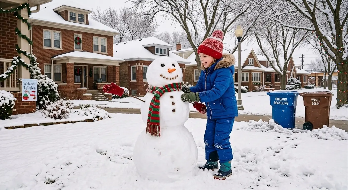 A child in a blue snowsuit and red hat joyfully builds a snowman in a snowy suburban neighborhood, with brick houses and holiday decorations in the background.