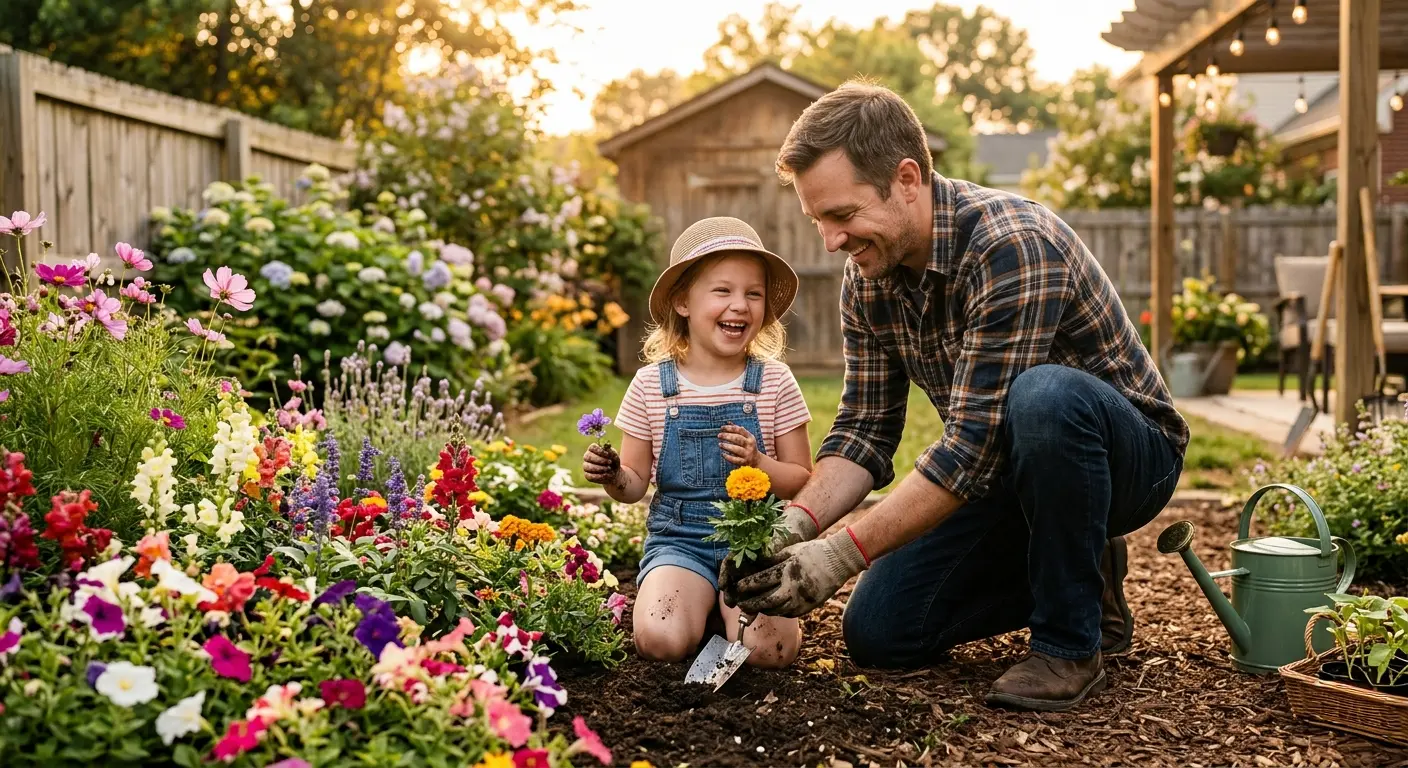 A father and daughter happily gardening together in a vibrant backyard filled with colorful flowers. The girl, wearing a hat and overalls, holds a flower while the father kneels beside her, both smiling warmly.