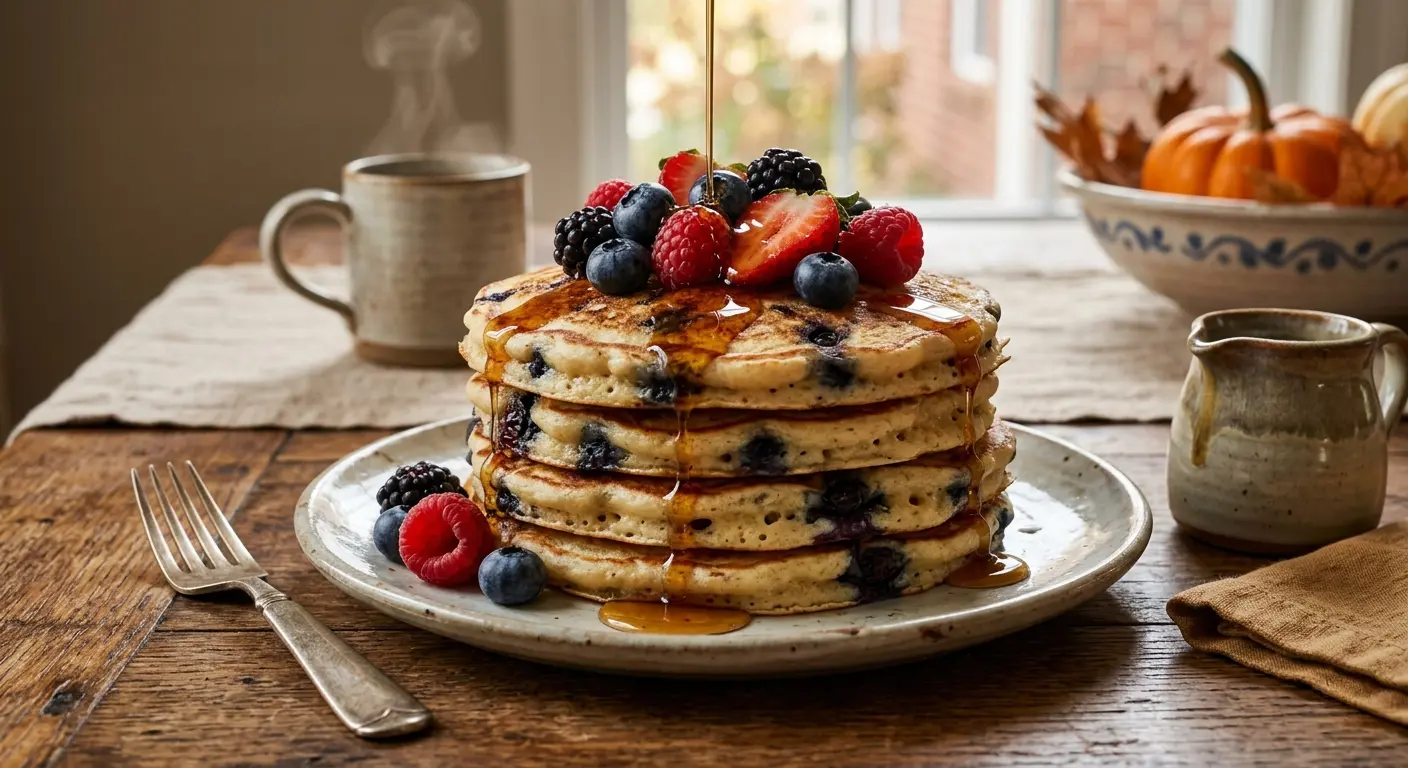 A stack of blueberry pancakes topped with fresh strawberries, raspberries, blackberries, and blueberries, drizzled with syrup. The setting includes a rustic wooden table, a fork, and a mug, with pumpkins in the background.